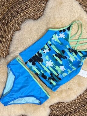 Blue Floral-Print Girls Tankini Set with Mint Trim